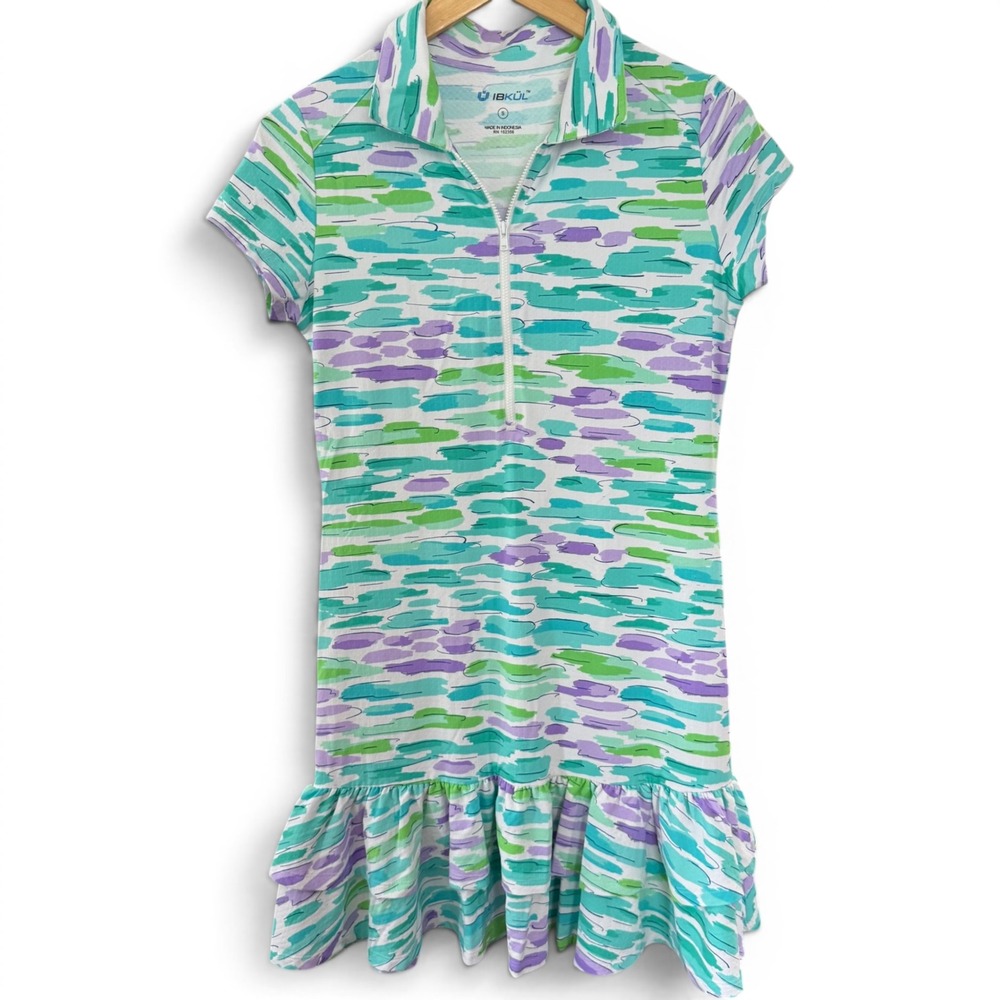 IBKUL Women Golf Dress Small 1/4 zip Blue Green Abstract Ruffle Hem Preppy